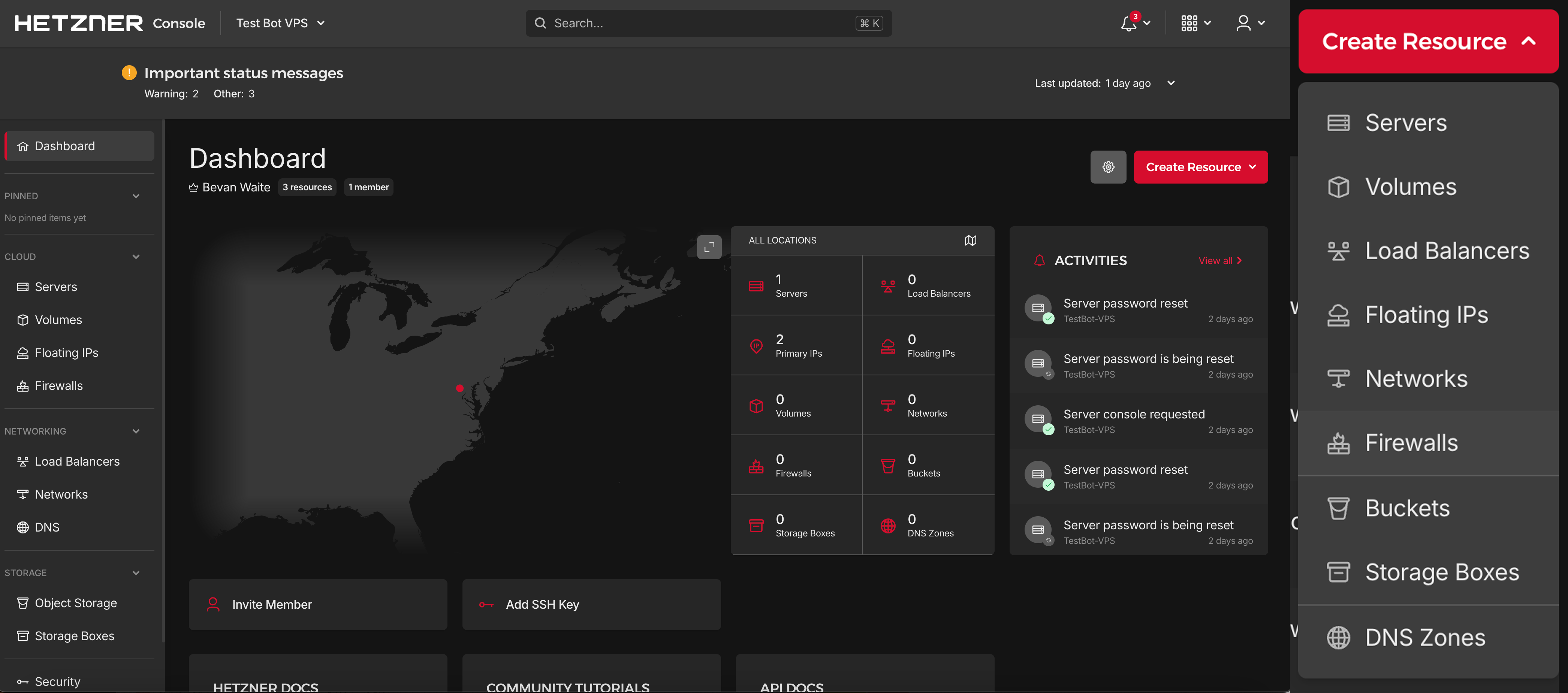 Hetzner dashboard showing Create Resource dropdown with Firewalls option